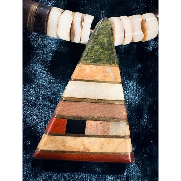 Boho Inlaid Stone Triangle Pendant Necklace Natural Wood Bone Beads - Picture 8 of 10